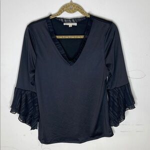 ABOVE & BEYOND Elegant Black Polyester Blend V-Neck Top with Ruffled Sleeves SM